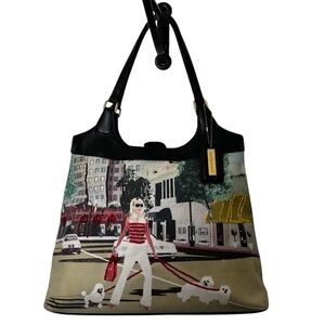 Bueno Canvas Embellished Tote with Woman Maltese Dogs Car